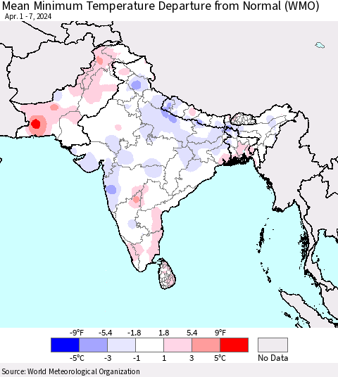 Southern Asia Mean Minimum Temperature Departure from Normal (WMO) Thematic Map For 4/1/2024 - 4/7/2024