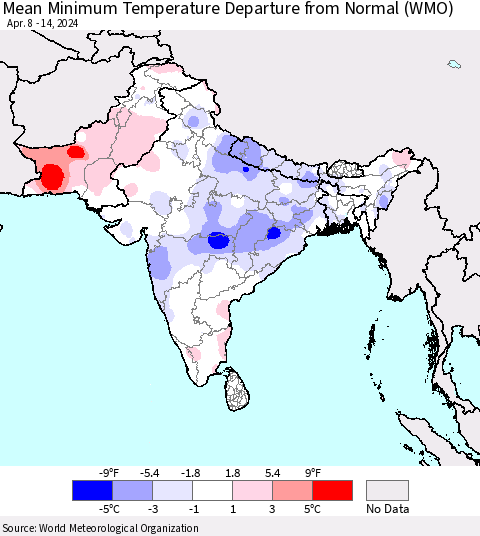 Southern Asia Mean Minimum Temperature Departure from Normal (WMO) Thematic Map For 4/8/2024 - 4/14/2024