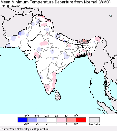 Southern Asia Mean Minimum Temperature Departure from Normal (WMO) Thematic Map For 4/15/2024 - 4/21/2024