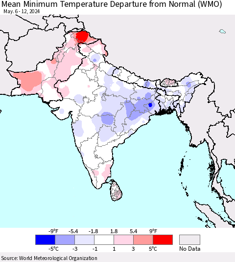 Southern Asia Mean Minimum Temperature Departure from Normal (WMO) Thematic Map For 5/6/2024 - 5/12/2024