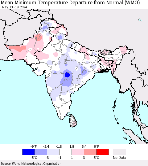 Southern Asia Mean Minimum Temperature Departure from Normal (WMO) Thematic Map For 5/13/2024 - 5/19/2024