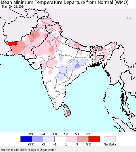 Southern Asia Mean Minimum Temperature Departure from Normal (WMO) Thematic Map For 5/20/2024 - 5/26/2024