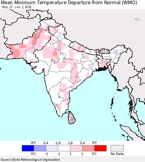 Southern Asia Mean Minimum Temperature Departure from Normal (WMO) Thematic Map For 5/27/2024 - 6/2/2024