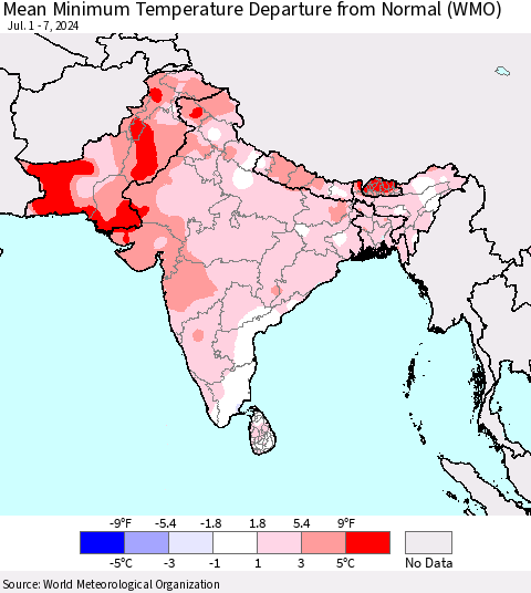 Southern Asia Mean Minimum Temperature Departure from Normal (WMO) Thematic Map For 7/1/2024 - 7/7/2024