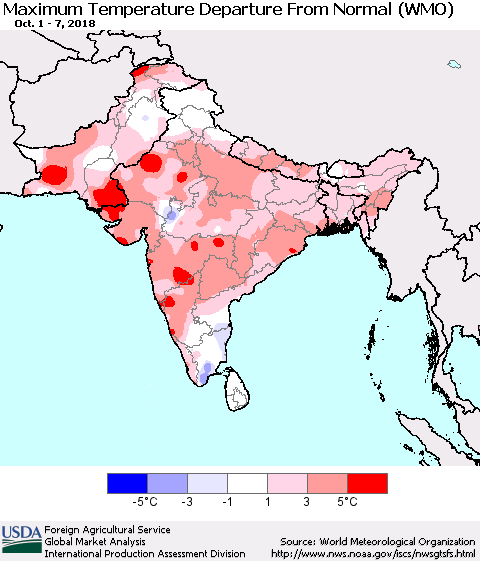 Southern Asia Mean Maximum Temperature Departure from Normal (WMO) Thematic Map For 10/1/2018 - 10/7/2018