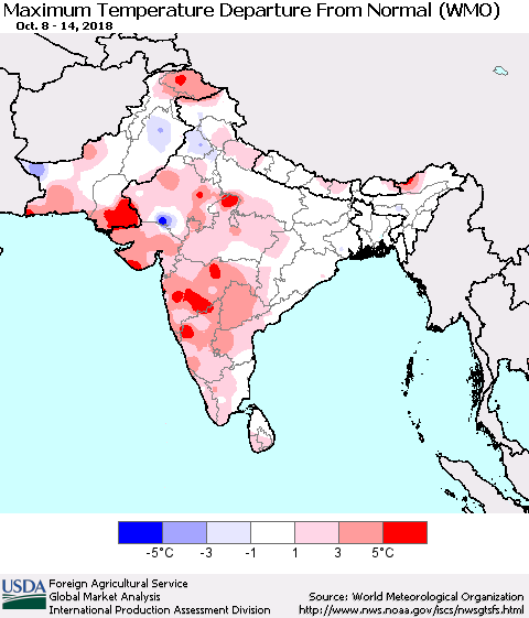 Southern Asia Mean Maximum Temperature Departure from Normal (WMO) Thematic Map For 10/8/2018 - 10/14/2018