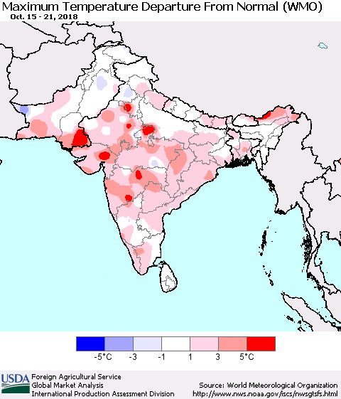 Southern Asia Mean Maximum Temperature Departure from Normal (WMO) Thematic Map For 10/15/2018 - 10/21/2018