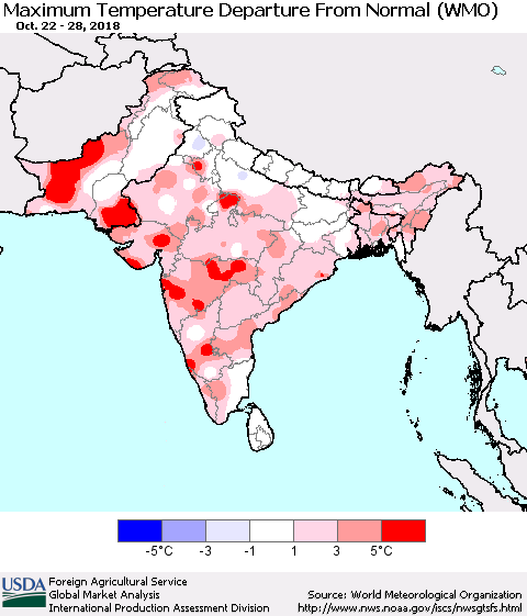 Southern Asia Mean Maximum Temperature Departure from Normal (WMO) Thematic Map For 10/22/2018 - 10/28/2018