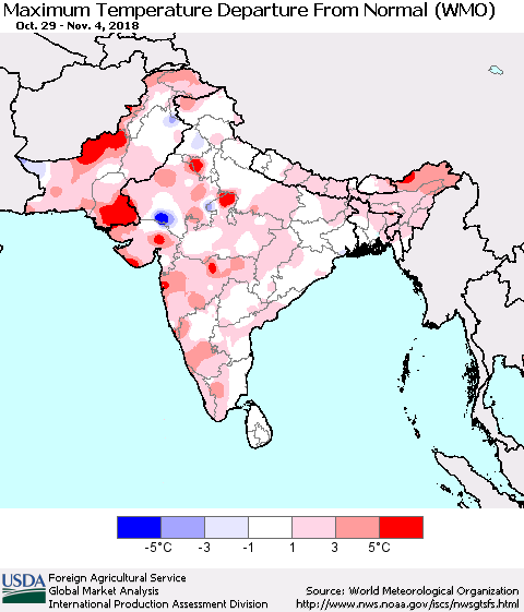 Southern Asia Mean Maximum Temperature Departure from Normal (WMO) Thematic Map For 10/29/2018 - 11/4/2018
