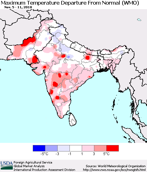 Southern Asia Mean Maximum Temperature Departure from Normal (WMO) Thematic Map For 11/5/2018 - 11/11/2018