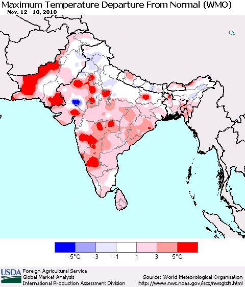 Southern Asia Mean Maximum Temperature Departure from Normal (WMO) Thematic Map For 11/12/2018 - 11/18/2018