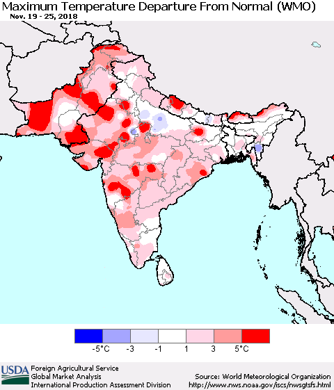 Southern Asia Mean Maximum Temperature Departure from Normal (WMO) Thematic Map For 11/19/2018 - 11/25/2018