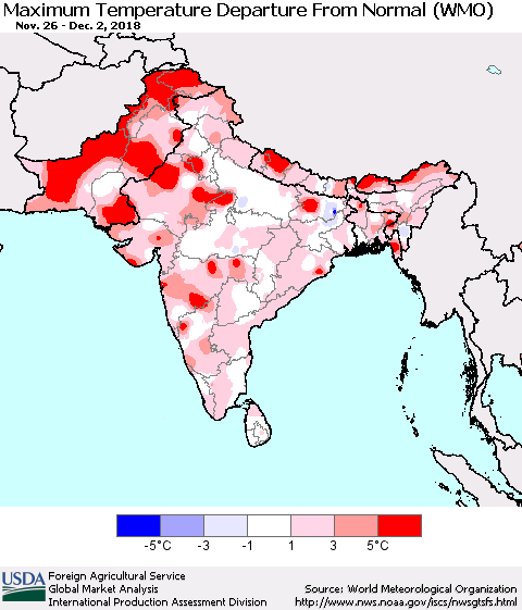 Southern Asia Mean Maximum Temperature Departure from Normal (WMO) Thematic Map For 11/26/2018 - 12/2/2018
