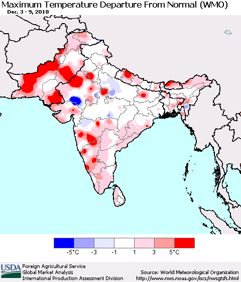 Southern Asia Mean Maximum Temperature Departure from Normal (WMO) Thematic Map For 12/3/2018 - 12/9/2018