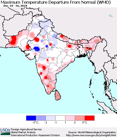 Southern Asia Mean Maximum Temperature Departure from Normal (WMO) Thematic Map For 12/10/2018 - 12/16/2018