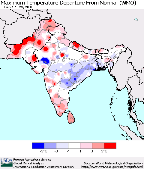Southern Asia Mean Maximum Temperature Departure from Normal (WMO) Thematic Map For 12/17/2018 - 12/23/2018