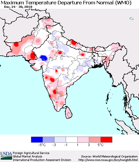 Southern Asia Mean Maximum Temperature Departure from Normal (WMO) Thematic Map For 12/24/2018 - 12/30/2018