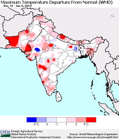 Southern Asia Mean Maximum Temperature Departure from Normal (WMO) Thematic Map For 12/31/2018 - 1/6/2019