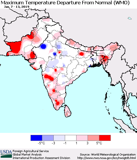 Southern Asia Mean Maximum Temperature Departure from Normal (WMO) Thematic Map For 1/7/2019 - 1/13/2019