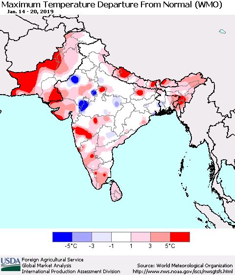 Southern Asia Mean Maximum Temperature Departure from Normal (WMO) Thematic Map For 1/14/2019 - 1/20/2019