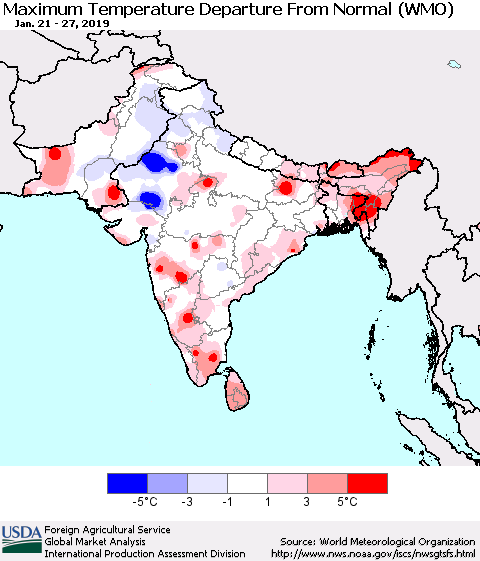 Southern Asia Mean Maximum Temperature Departure from Normal (WMO) Thematic Map For 1/21/2019 - 1/27/2019