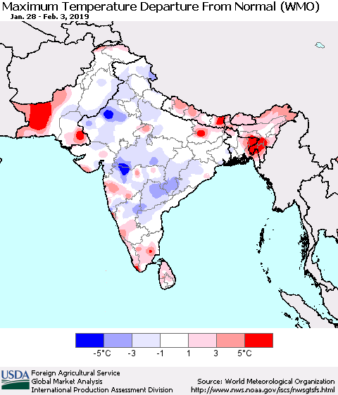 Southern Asia Mean Maximum Temperature Departure from Normal (WMO) Thematic Map For 1/28/2019 - 2/3/2019