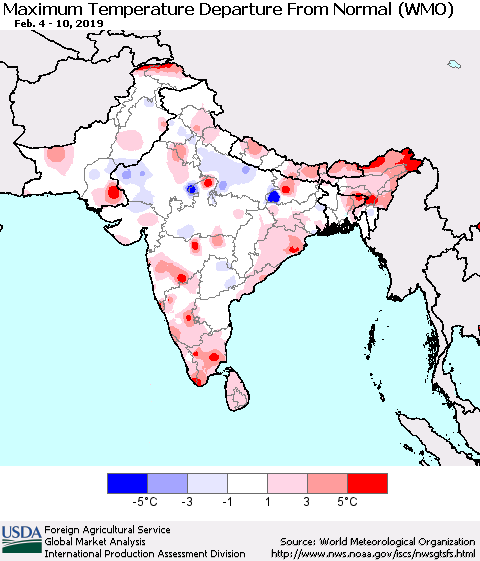 Southern Asia Mean Maximum Temperature Departure from Normal (WMO) Thematic Map For 2/4/2019 - 2/10/2019