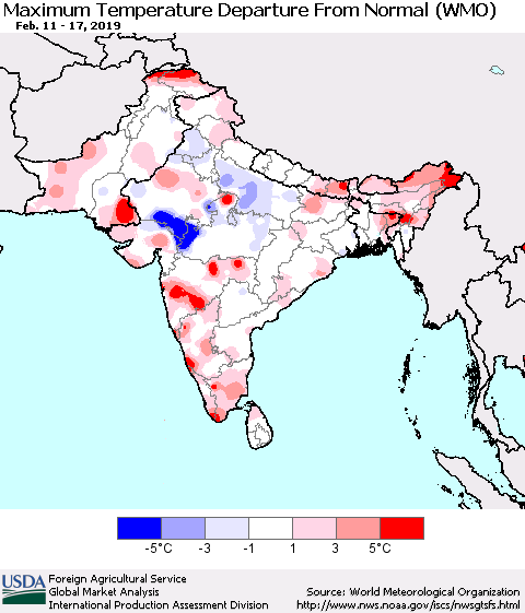 Southern Asia Mean Maximum Temperature Departure from Normal (WMO) Thematic Map For 2/11/2019 - 2/17/2019