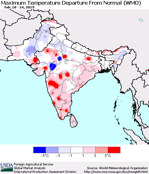 Southern Asia Mean Maximum Temperature Departure from Normal (WMO) Thematic Map For 2/18/2019 - 2/24/2019