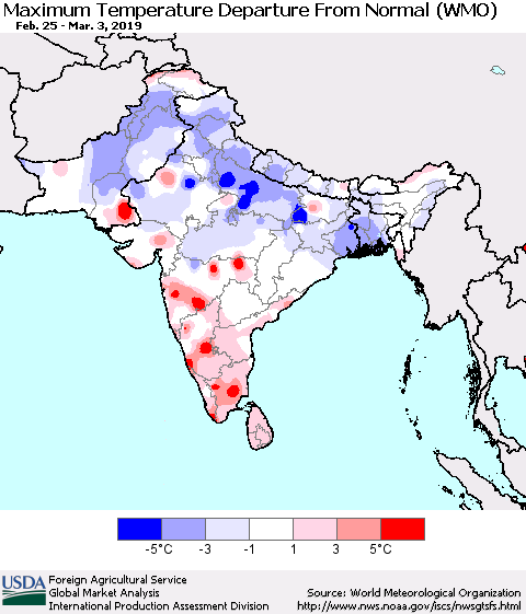Southern Asia Mean Maximum Temperature Departure from Normal (WMO) Thematic Map For 2/25/2019 - 3/3/2019