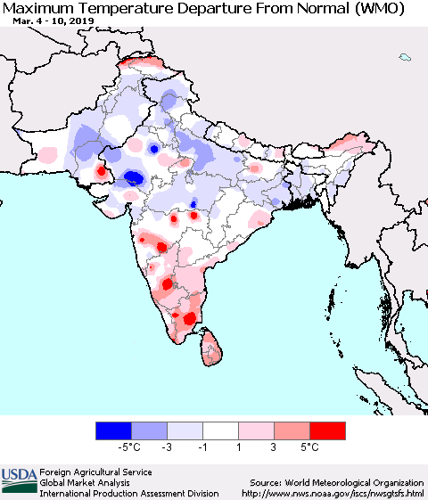 Southern Asia Mean Maximum Temperature Departure from Normal (WMO) Thematic Map For 3/4/2019 - 3/10/2019