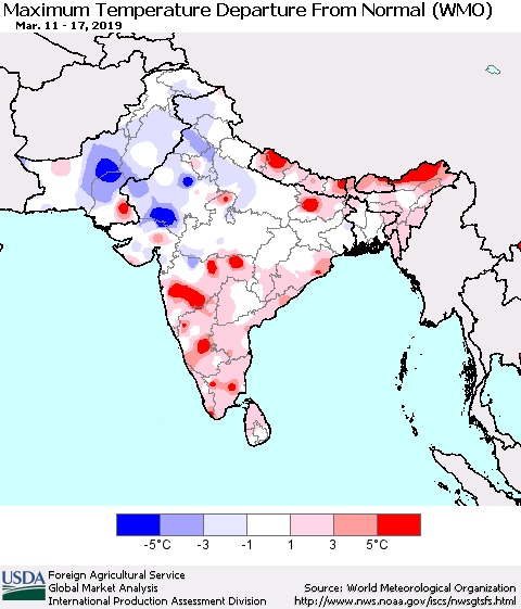 Southern Asia Mean Maximum Temperature Departure from Normal (WMO) Thematic Map For 3/11/2019 - 3/17/2019
