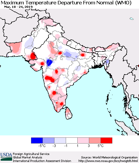 Southern Asia Mean Maximum Temperature Departure from Normal (WMO) Thematic Map For 3/18/2019 - 3/24/2019