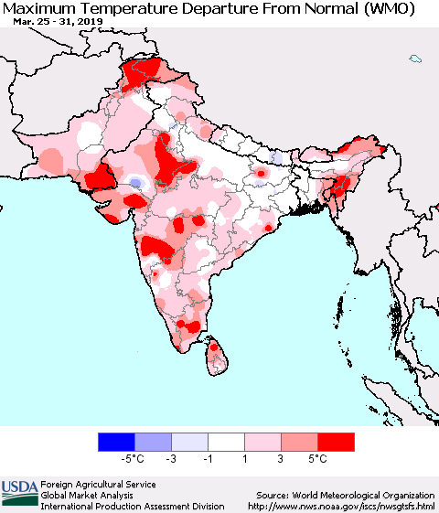 Southern Asia Mean Maximum Temperature Departure from Normal (WMO) Thematic Map For 3/25/2019 - 3/31/2019