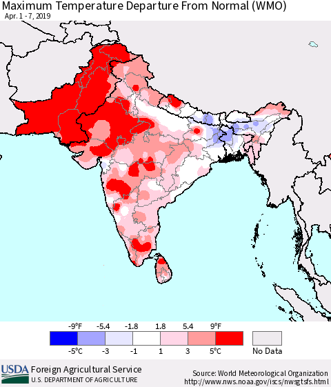 Southern Asia Mean Maximum Temperature Departure from Normal (WMO) Thematic Map For 4/1/2019 - 4/7/2019