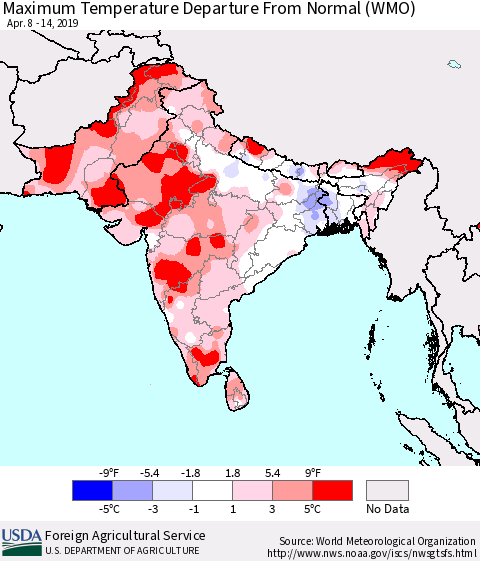 Southern Asia Mean Maximum Temperature Departure from Normal (WMO) Thematic Map For 4/8/2019 - 4/14/2019