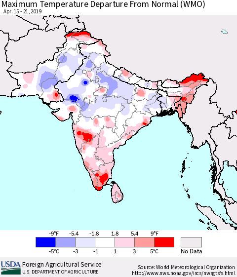 Southern Asia Mean Maximum Temperature Departure from Normal (WMO) Thematic Map For 4/15/2019 - 4/21/2019
