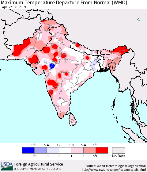 Southern Asia Mean Maximum Temperature Departure from Normal (WMO) Thematic Map For 4/22/2019 - 4/28/2019