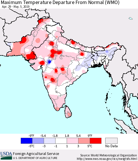 Southern Asia Mean Maximum Temperature Departure from Normal (WMO) Thematic Map For 4/29/2019 - 5/5/2019