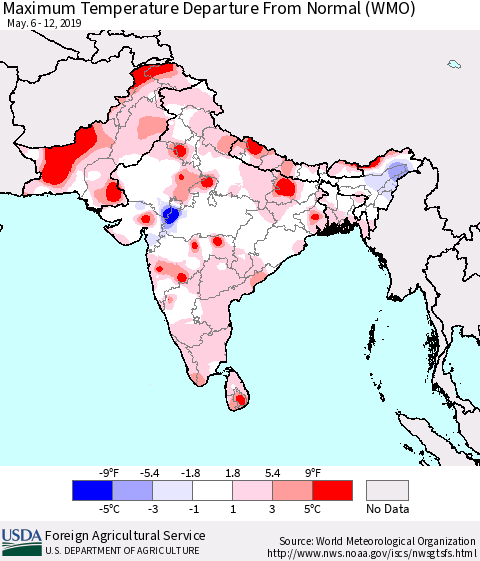 Southern Asia Maximum Temperature Departure From Normal (WMO) Thematic Map For 5/6/2019 - 5/12/2019