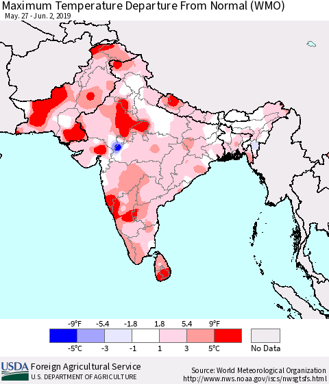 Southern Asia Maximum Temperature Departure From Normal (WMO) Thematic Map For 5/27/2019 - 6/2/2019