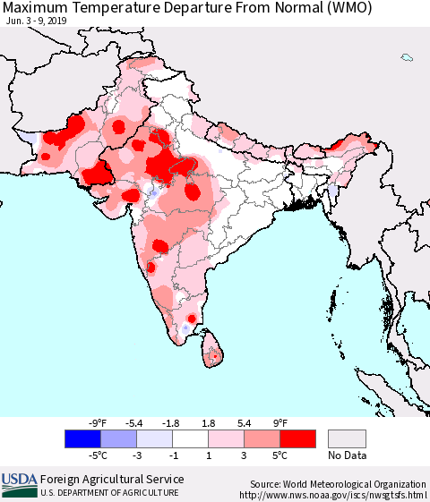 Southern Asia Maximum Temperature Departure From Normal (WMO) Thematic Map For 6/3/2019 - 6/9/2019