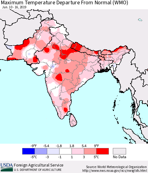 Southern Asia Maximum Temperature Departure From Normal (WMO) Thematic Map For 6/10/2019 - 6/16/2019