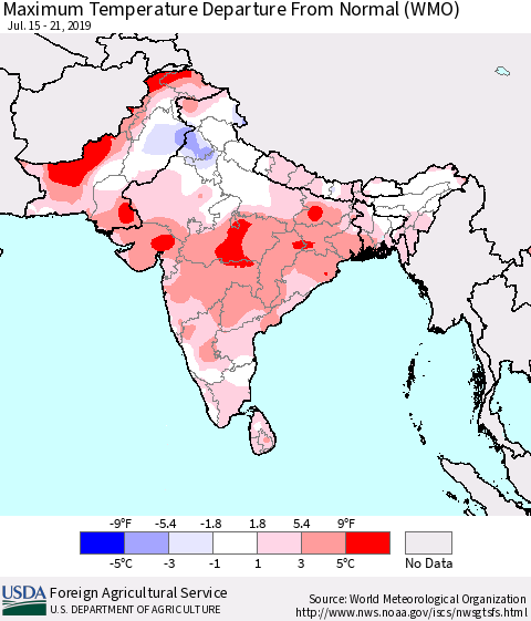Southern Asia Maximum Temperature Departure From Normal (WMO) Thematic Map For 7/15/2019 - 7/21/2019