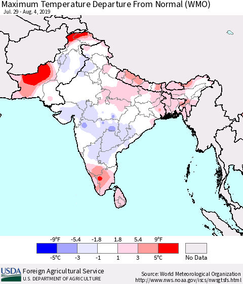 Southern Asia Maximum Temperature Departure From Normal (WMO) Thematic Map For 7/29/2019 - 8/4/2019