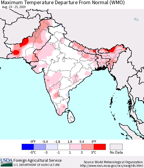Southern Asia Maximum Temperature Departure From Normal (WMO) Thematic Map For 8/19/2019 - 8/25/2019