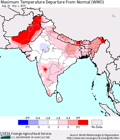 Southern Asia Maximum Temperature Departure From Normal (WMO) Thematic Map For 8/26/2019 - 9/1/2019