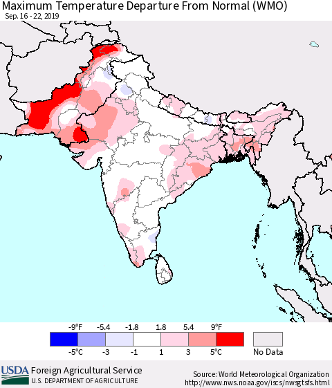 Southern Asia Maximum Temperature Departure From Normal (WMO) Thematic Map For 9/16/2019 - 9/22/2019