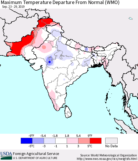 Southern Asia Maximum Temperature Departure From Normal (WMO) Thematic Map For 9/23/2019 - 9/29/2019