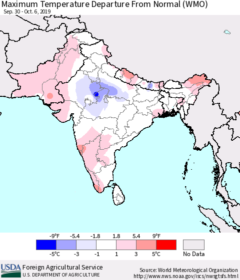 Southern Asia Maximum Temperature Departure From Normal (WMO) Thematic Map For 9/30/2019 - 10/6/2019